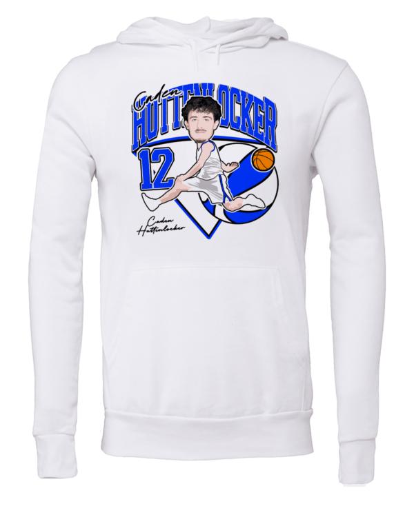 A white sweatshirt with a caricature of a basketball player.