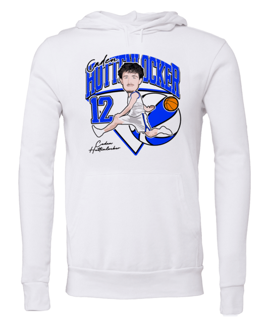 A white sweatshirt with a caricature of a basketball player.