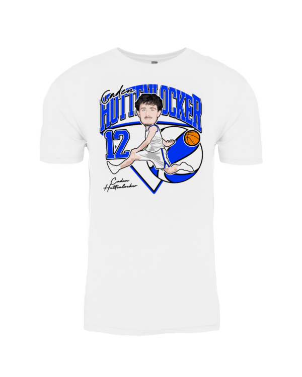 A white t-shirt with a caricature of a boy holding a basketball.