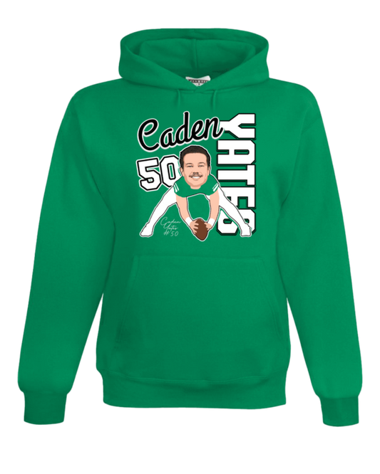 A green hoodie with a picture of a person and the words " cuden yates 5 0 ".