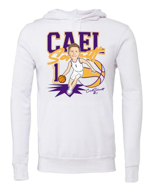 A white sweatshirt with an image of a basketball player.