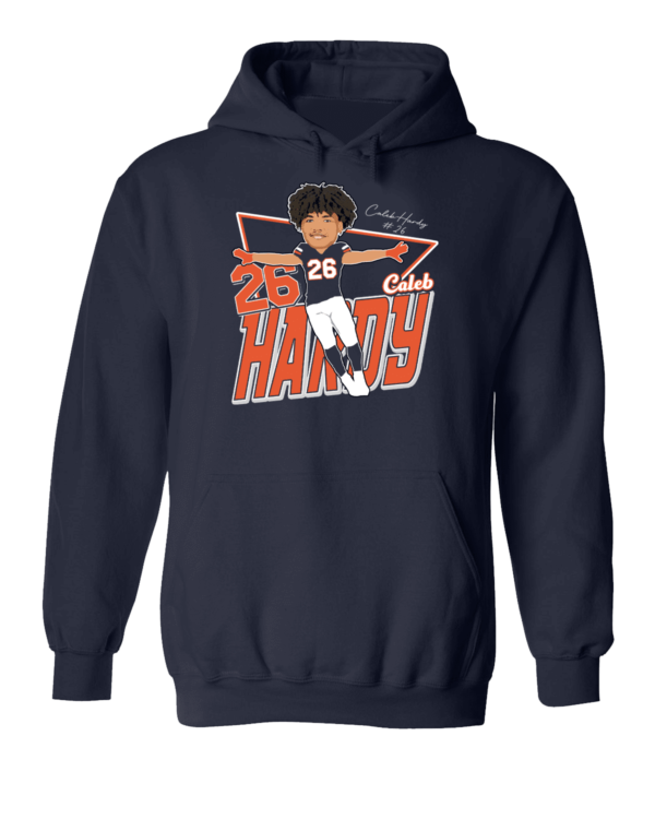 A navy blue hoodie with an illustration of a baseball player.