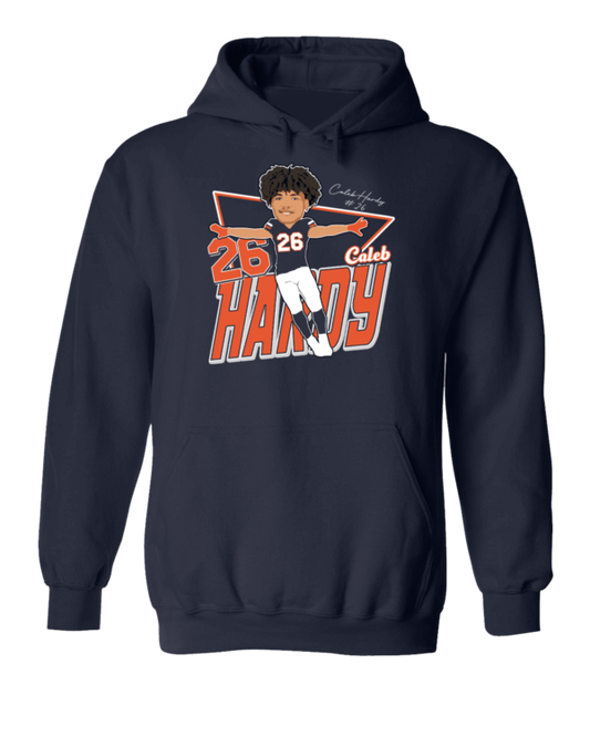 A navy blue hoodie with an illustration of a baseball player.