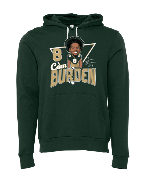 A green hoodie with a picture of caleb burdem.