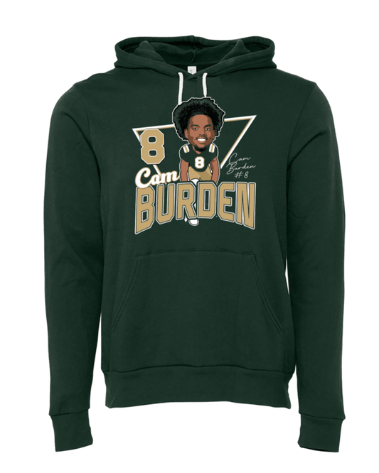 A green hoodie with a picture of caleb burdem.