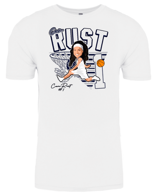 A white t-shirt with an image of a girl holding a baseball bat.