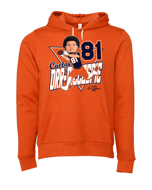 A picture of the front of an orange hoodie.