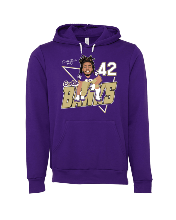 A purple hoodie with a caricature of a man in the middle.