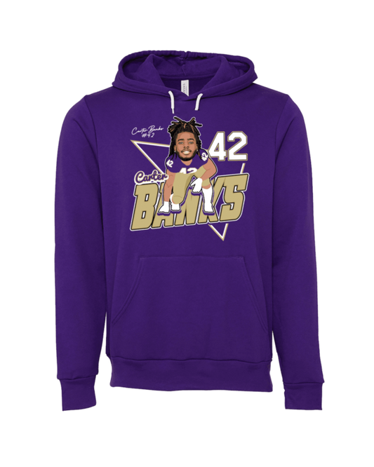 A purple hoodie with a caricature of a man in the middle.