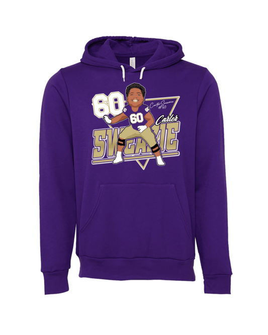 A purple hoodie with an image of a person in the middle.