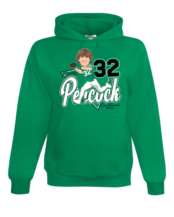 A green hoodie with a picture of a person and the number 3 2.