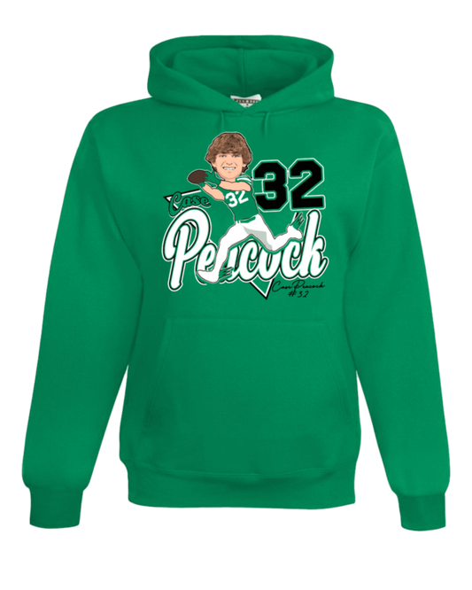 A green hoodie with a picture of a person and the number 3 2.