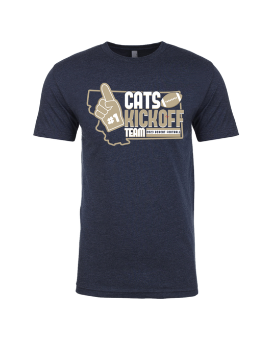 A navy blue t-shirt with the words " cats kick off texas football ".