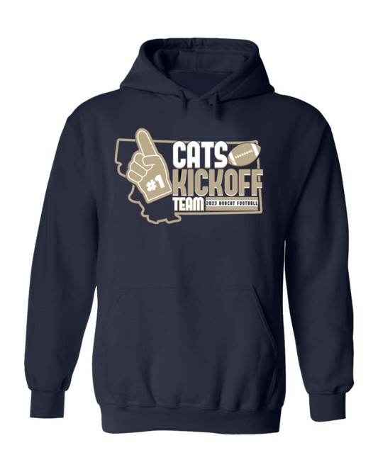 A navy blue hoodie with the words cats kickoff on it.