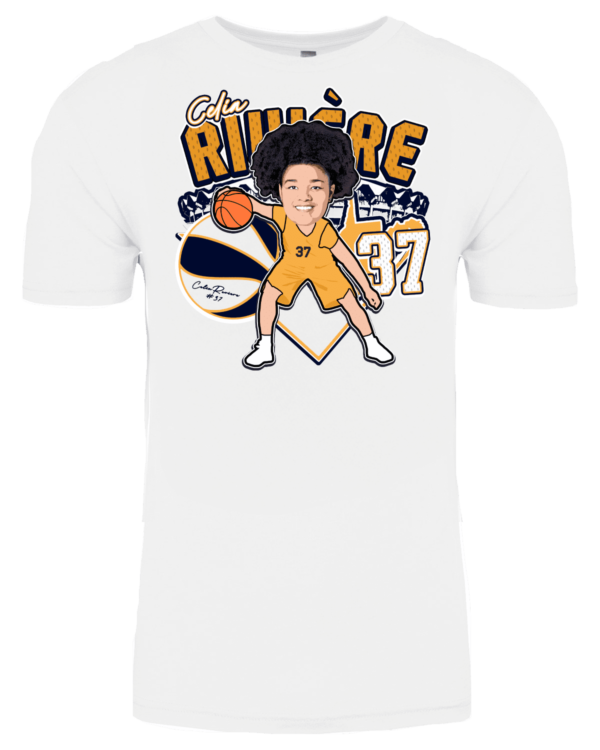 A white t-shirt with an image of a man holding a basketball.