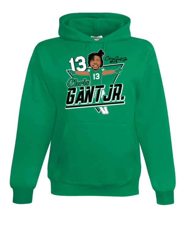 A green hoodie with a picture of a person.