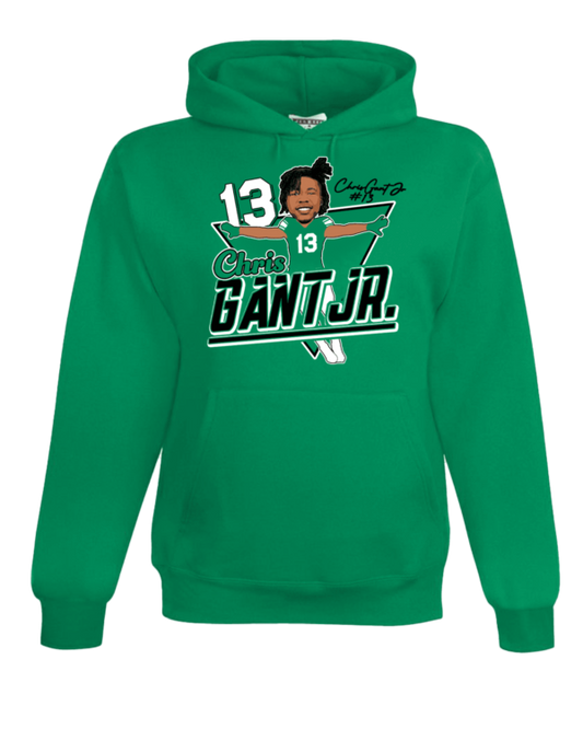 A green hoodie with a picture of a person.