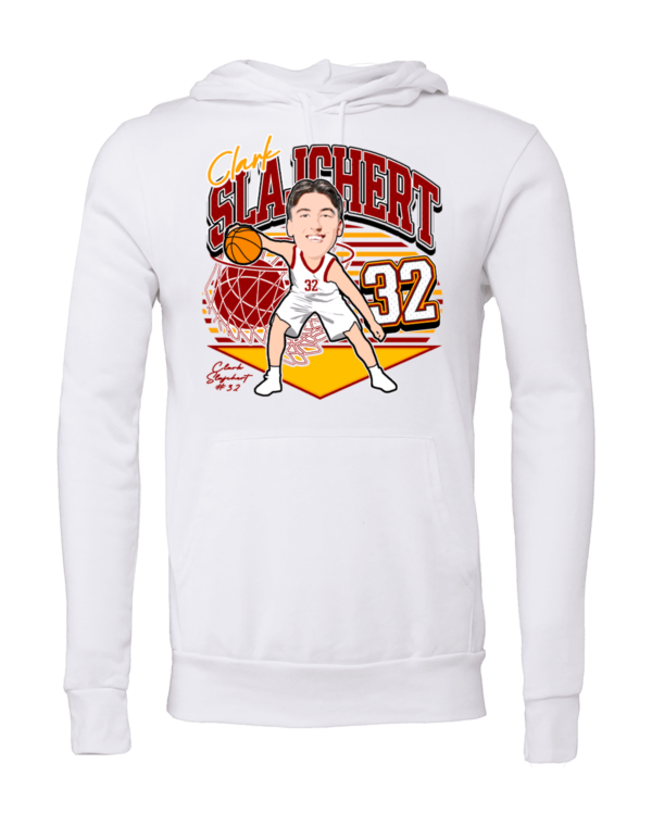 A white hoodie with an image of a basketball player.