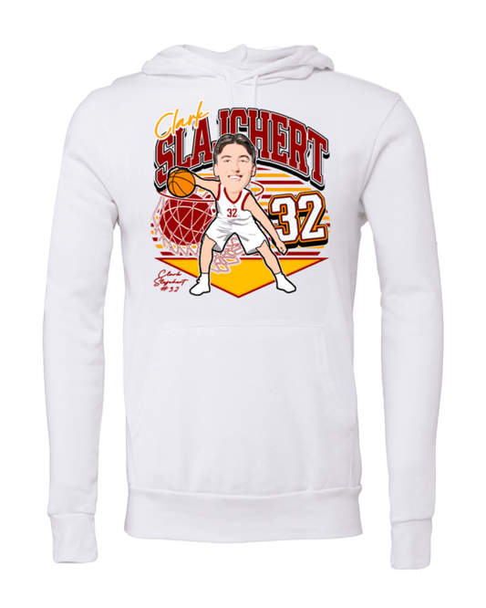 A white hoodie with an image of a basketball player.