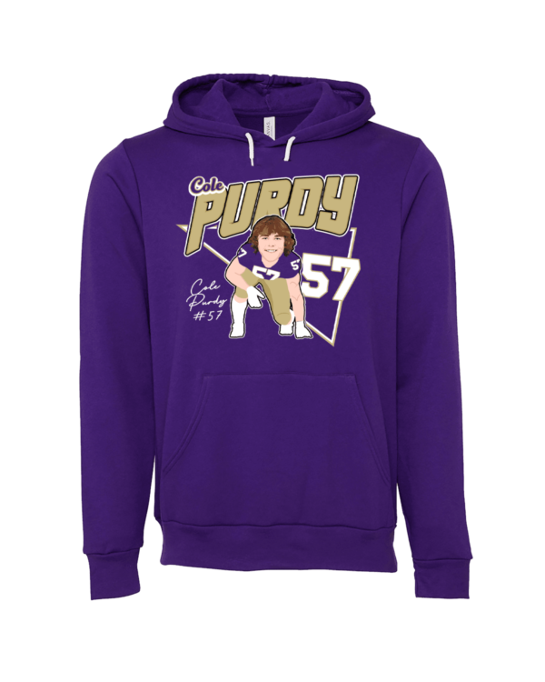 A purple hoodie with a picture of a person holding something.