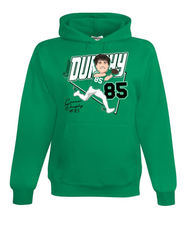 A green hoodie with a picture of a person on it.