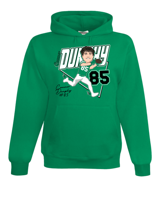 A green hoodie with a picture of a person on it.