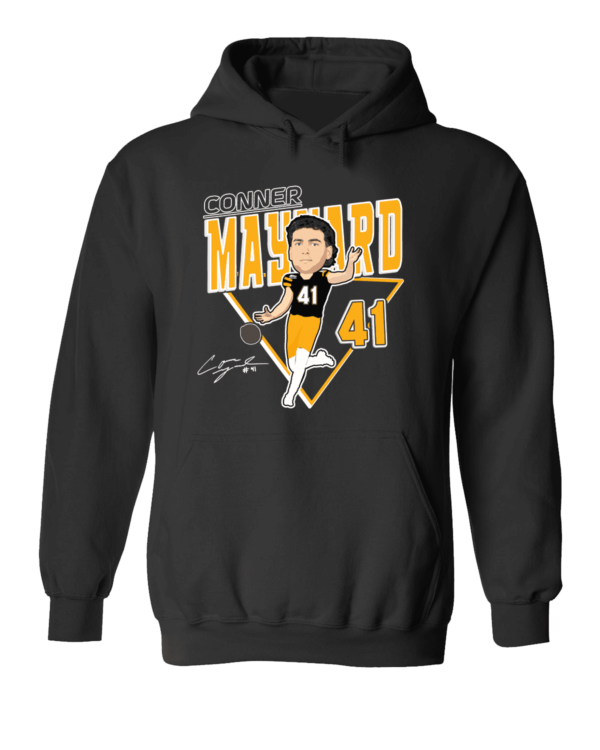 A black hoodie with a caricature of a man wearing a tuxedo.