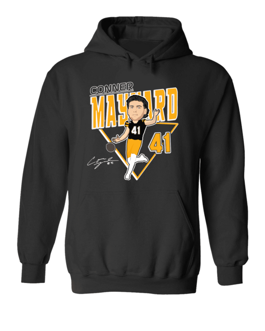 A black hoodie with a caricature of a man wearing a tuxedo.