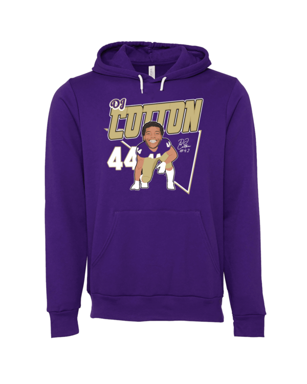 A purple hoodie with a picture of a person in the middle.