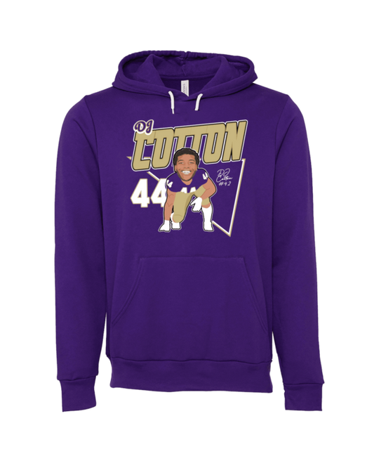 A purple hoodie with a picture of a person in the middle.