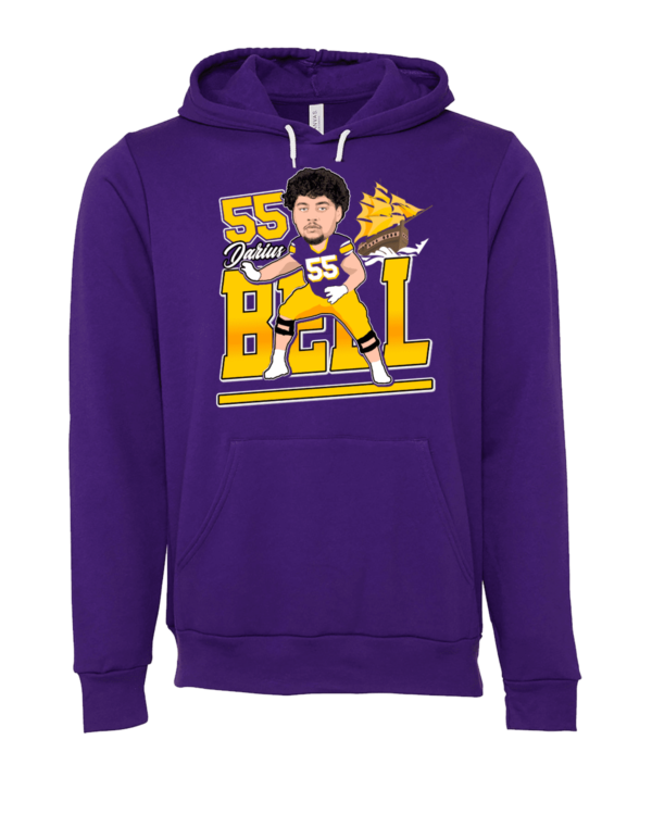 A purple hoodie with a picture of a football player.