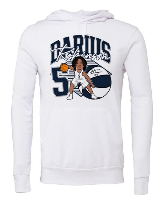 A white sweatshirt with an illustration of a basketball player.