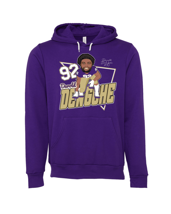 A purple hoodie with a picture of a man in the middle.