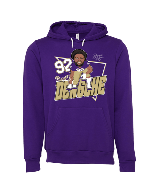 A purple hoodie with a picture of a man in the middle.