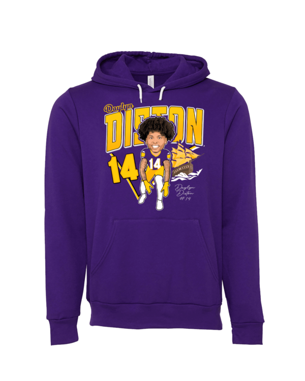 A purple hoodie with an image of a person in the middle.