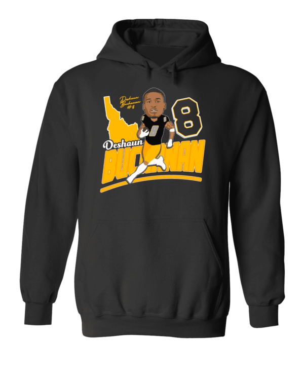 A black hoodie with an image of a football player.