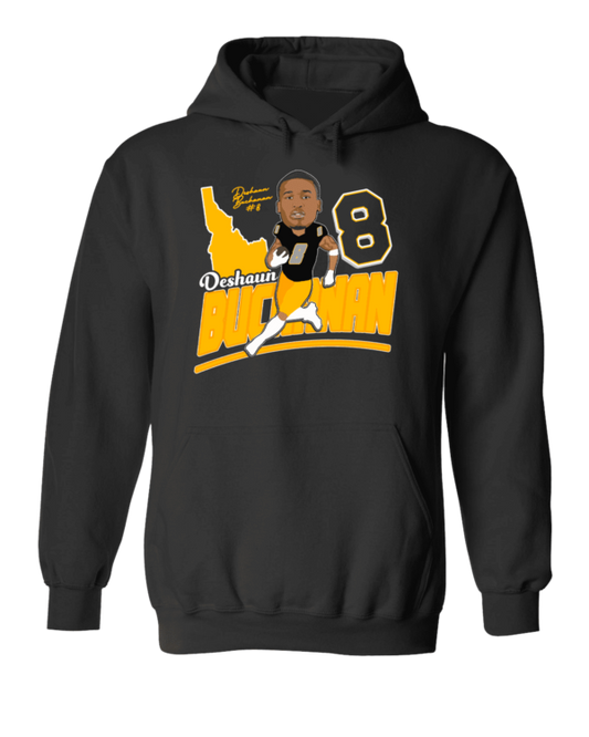 A black hoodie with an image of a football player.