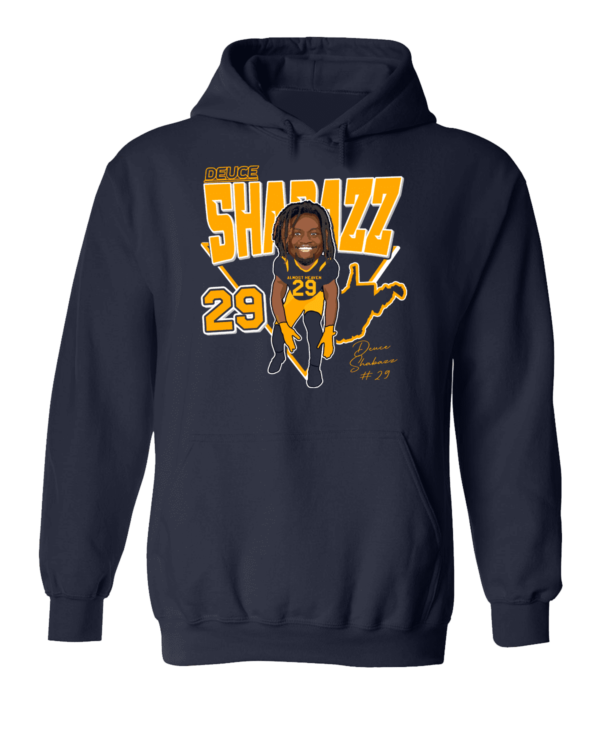 A navy blue hoodie with an image of a man in yellow and black.