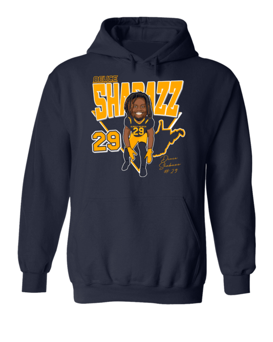 A navy blue hoodie with an image of a man in yellow and black.