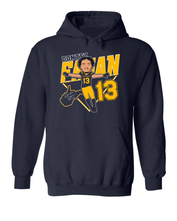 A navy blue hoodie with an image of a man jumping in the air.