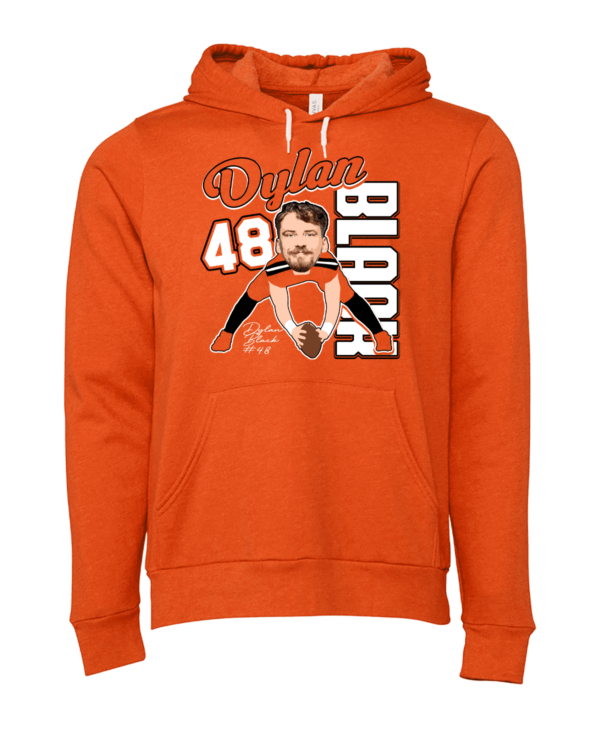 A picture of the front of an orange hoodie.