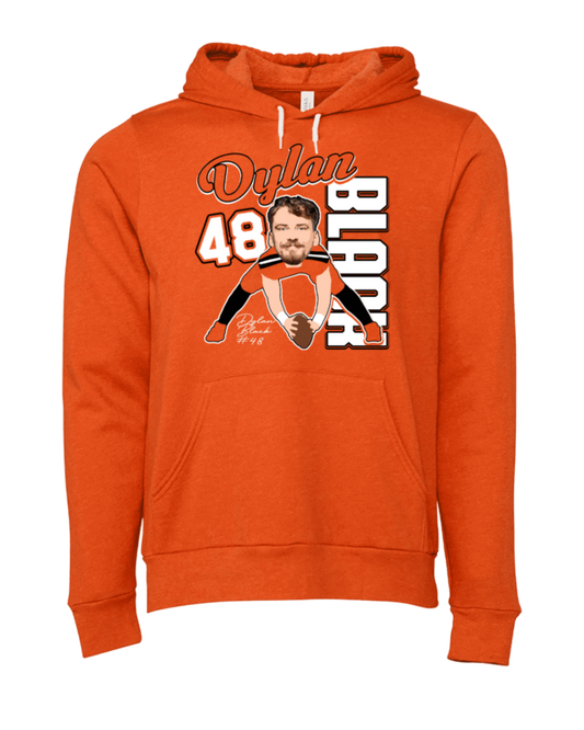 A picture of the front of an orange hoodie.