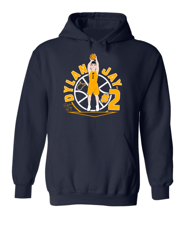 A navy blue hoodie with an image of a person holding a steering wheel.