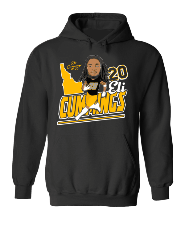 A black hoodie with a caricature of a baseball player.