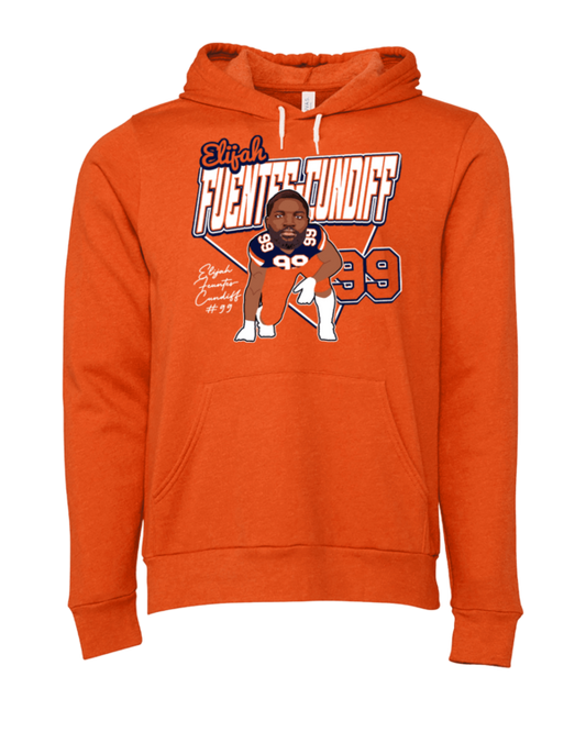 A picture of the front of an orange hoodie.