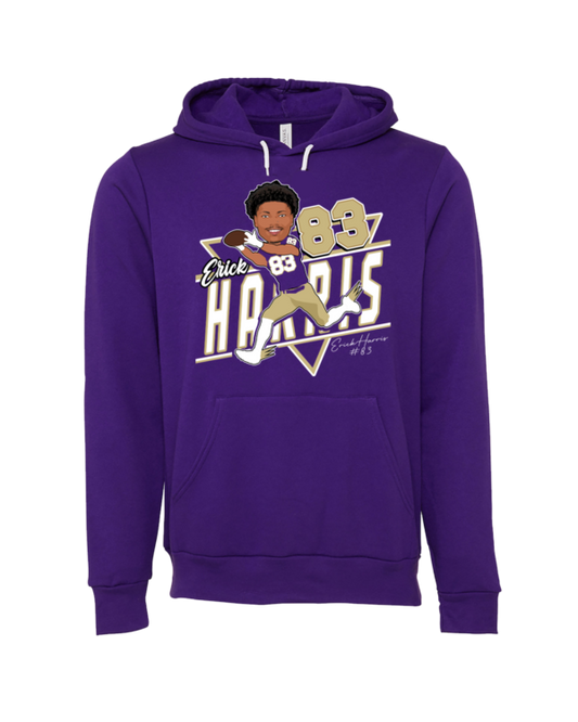 A purple hoodie with an image of a man holding a baseball bat.