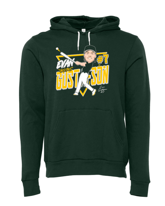 A green hoodie with an image of a baseball player.