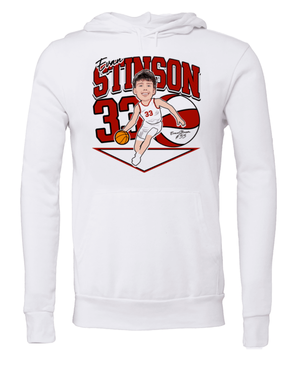 A white sweatshirt with an image of a basketball player.