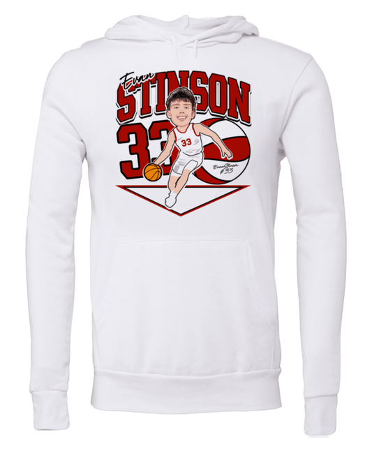 A white sweatshirt with an image of a basketball player.