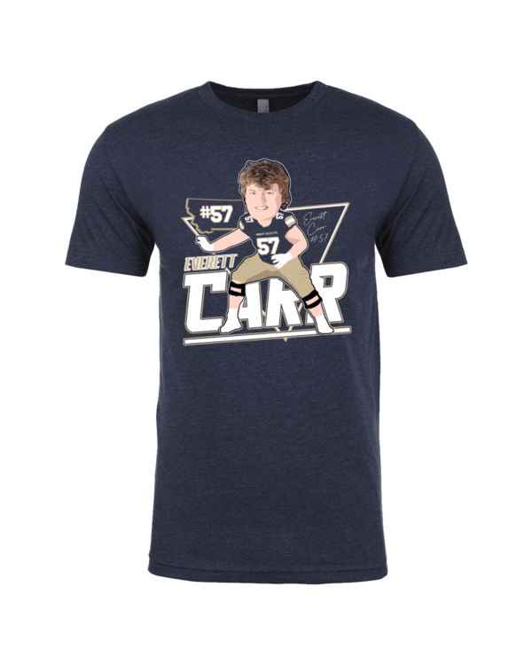 A navy blue t-shirt with an image of a boy holding a football.